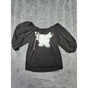 VAVA Black Off Shoulder Balloon Sleeve Blouse White Ruffle Flower